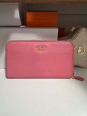 Prada Pink Saffiano Zip-Around Wallet with Gold Logo